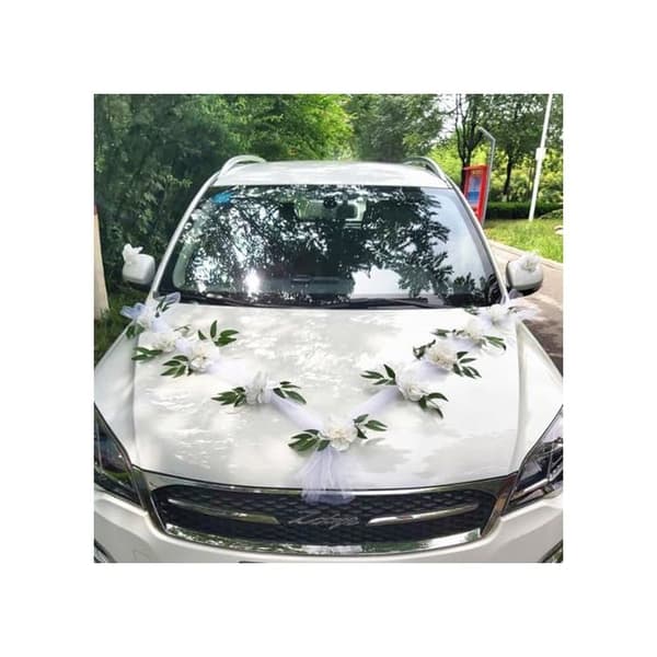 Bröllopsbilsdekorationskit - Rustik och romantisk bröllopsbilsdekoration - 1,6 m tyll & 11 konstgjorda blommor