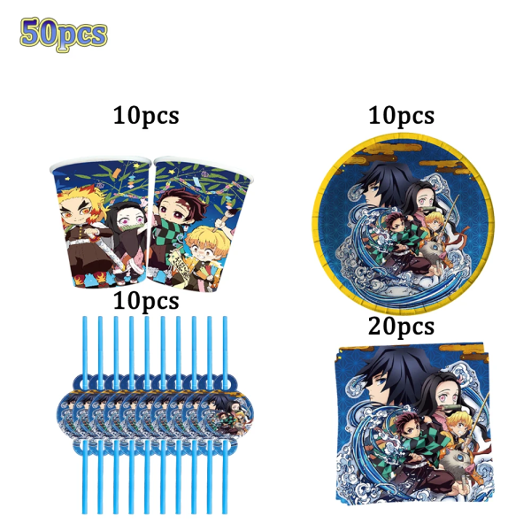 Kimetu No Yaiba Barn Födelsedagsfest Dekoration Bordsservis Papperskoppar Tallrikar Servetter Demon Slayer Tema Baby Shower Pojkar Tillbehör BPXZ-50PCS