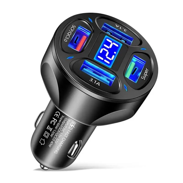 66W Billaddare LED Digital Display 4USB  Stöder Snabbladdning Multifunktionell Spänningsdetektering Auto Laddare Adapter black
