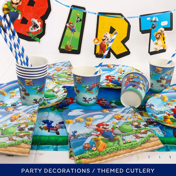 Ny Mario Bros Födelsedagsdekoration Ballonger Festtillbehör Engångsservis för fest Bannerstreamer Baby shower Presenter Decor-57pcs-4