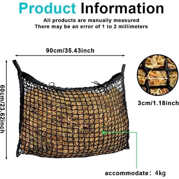 Hønet til heste 90*60cm, hønet størrelse 3 x 3 cm, hestefoder net kan indeholde 4 kg hø
