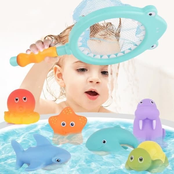 (Blå) Baby Badelegetøj, 7 stk. Baby Badelegetøj Flydende Dyr Svømmepøl Legetøj Badeværelse Fiskespil Badelegetøj Blue