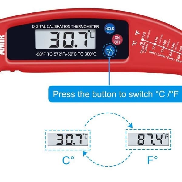 Køkkentermometer, Madtermometer LCD Digital Probe, Hurtig & Auto On/Off - Rød