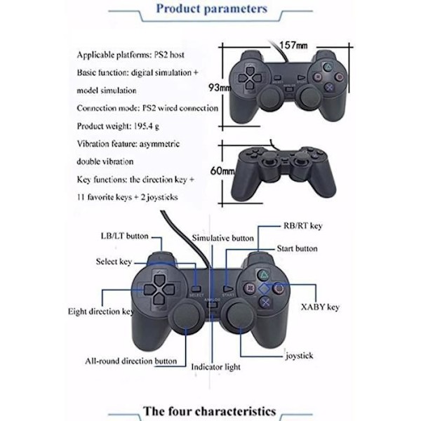 (Sort) Gamepad - Shock Controller - PS2 - Ledning - Vibration - Ergonomisk Black