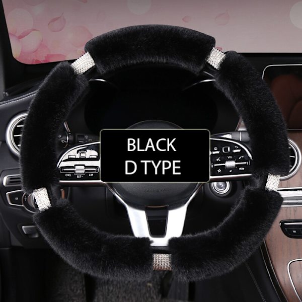 (svart-D form)Karcle Fluffy Cover med Bling Rhinestones Diamond Furry Car Styrskydd Universal 38cm För Kvinnor Tjej black-D shape