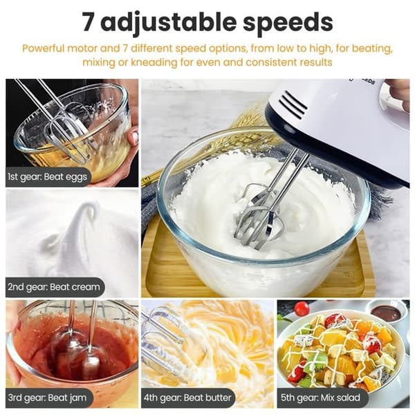 100W Multifunktionel Foodprocessor, Dejmixer, med Skål i Rustfrit Stål, Pisk, Dejkrog, 7 Hastigheder