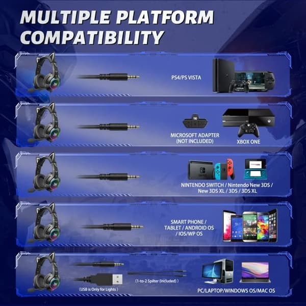Kat Øre Hovedtelefoner Headset med Mikrofon til Xbox One / PS4 / PC / Nintendo Switch - Sort