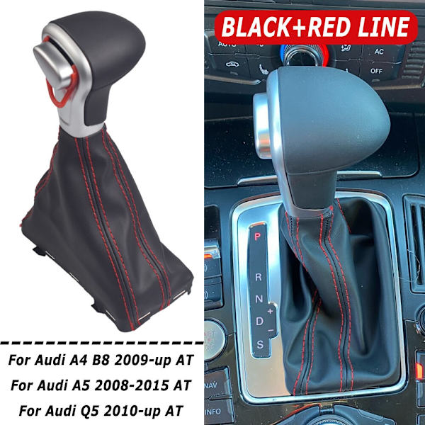 För Audi A4 B8 A5 Q5 2009 2010 2011 2012-2014 Bil automatisk växelspak Växelspaksknopp Damask Stövel Läderskydd-Svart-Röd linje Black-Red line