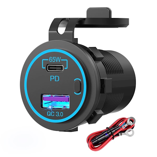 12V/24V USB C-billaddare 83W Snabbladdning 65W PD3.0 & 18W QC3.0 LED Digital Display & Strömbrytare för Bil RV ATV Motorcykel Blue wire