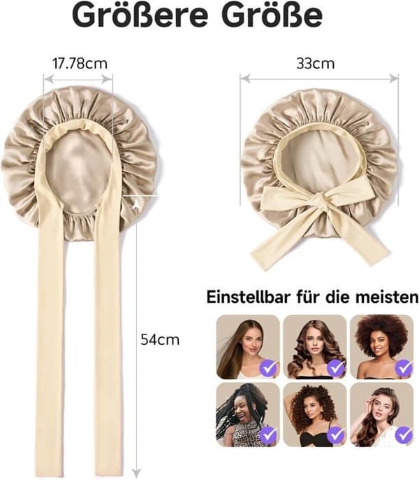 Silkehætte til søvn, dobbeltsidet - til langt hår - åndbar og blød med justerbar elastik - Bleg guld, Bleg guld