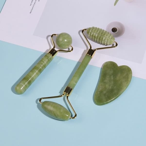 Ansigts- og kropsmassage Trio Sæt, Jade Roller, Gua Sha Sten & Jade Sten
