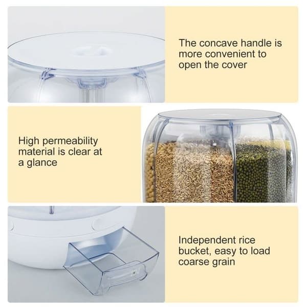 360° Roterende Rund Fødevaredispenser, Transparent Risopbevaringsbeholder, Roterende Opbevaringsboks, Stor