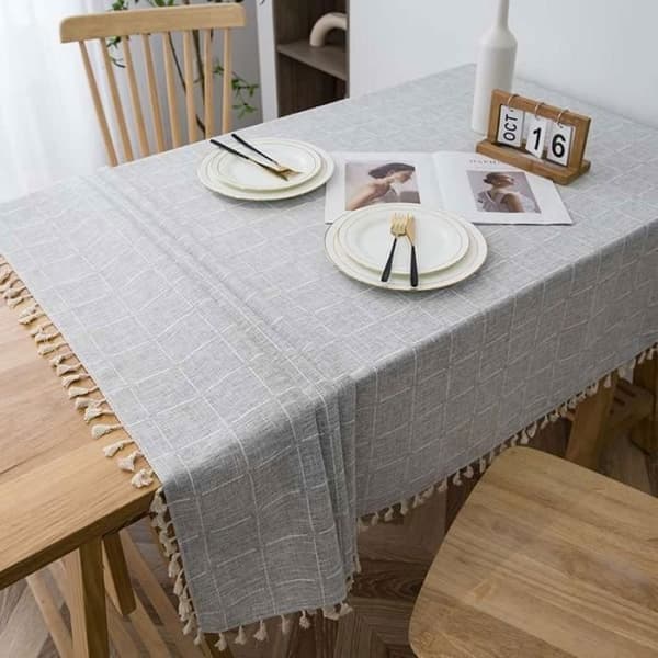 (Grå) Rektangulær rutete duk 140 x 220 cm - 100% polyester - med dusk - Vanntett, rynkefri, vaskbar - Grå Gray