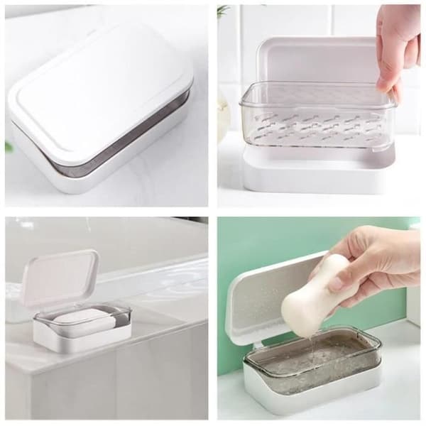 (Vit) Tvålkopp - Resa - Rektangulär - Läcksäkert Lock - Design med Dränering - Kompakt white