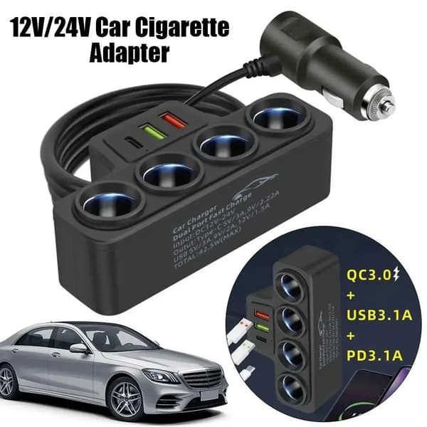 120W 4-i-1 3 USB Billader Hurtigladeplugg Adapter Splitter 12V 24V Hurtigladeplugg