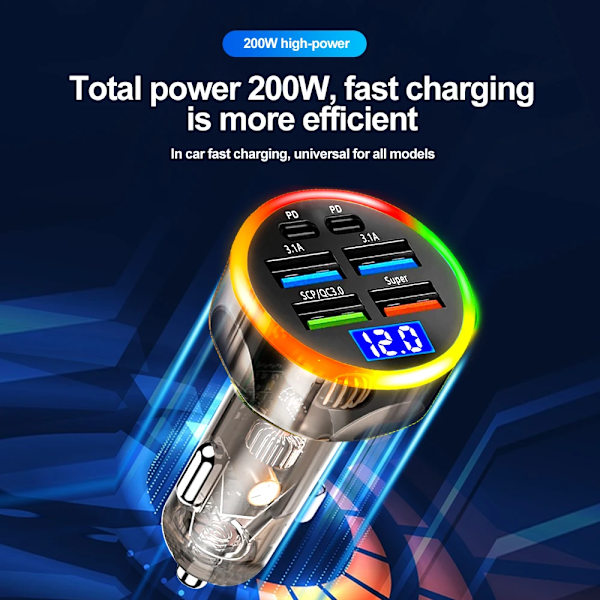 200W Bil Laddare QC3.0 Typ-C Snabbladdning Transparent Fodral PD för IPhone 15 14 13 12 Xiaomi Poco Samsung Snabbladdare Laddning 5 Port Volt display