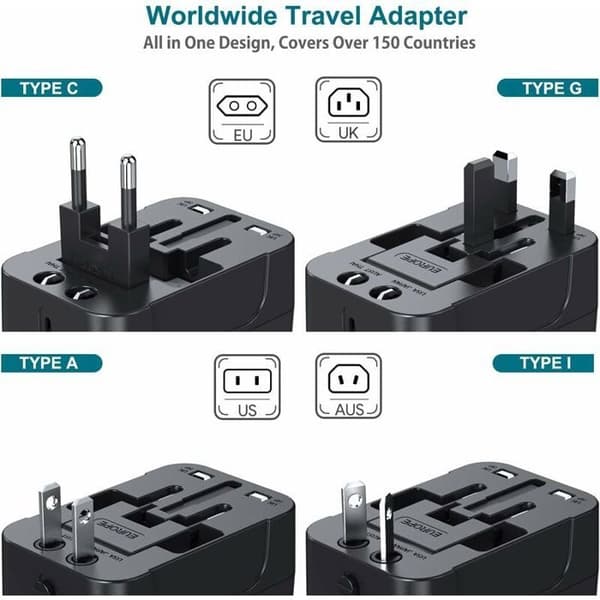 Universal reiseadapter, universal reisepluggadapter, universal reiseadapter med 2 USB, strømadapter