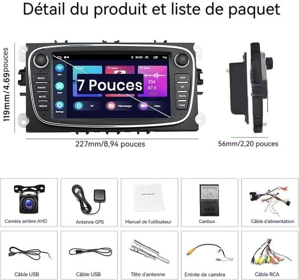 2+32G Android 11 Bilradio for Ford Focus/Ford Mondeo/S-max/Galaxy/Focus med Trådløs Carplay Android Auto 7 tommer Bluetooth GPS