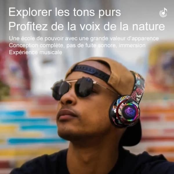 Graffiti Sammenleggbart Trådløst Bluetooth Stereo Headset med LED-lys, Svart Black