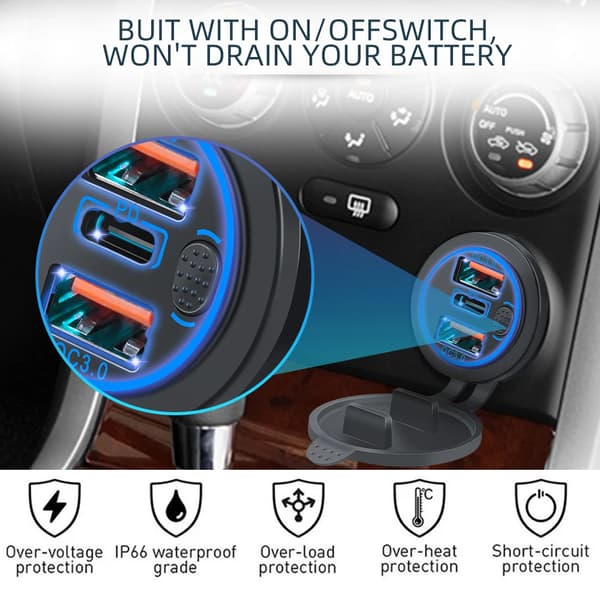 12V/24V Triple Porte 68W USB-C Multipel Biloplader Socket PD3.0 3USB QC3.0 Porte Med Touch Switch Hurtig Biladapter