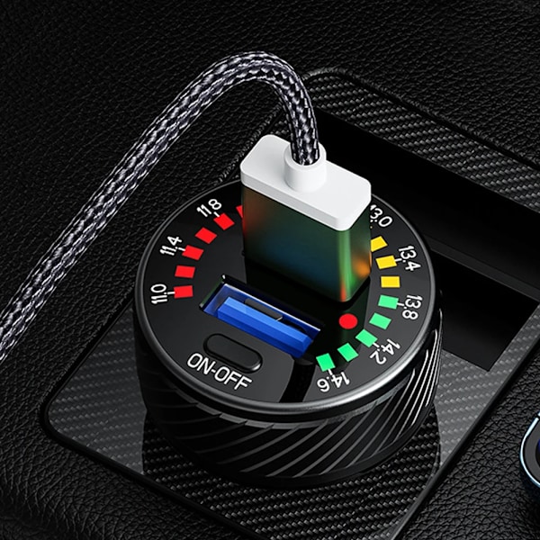 Billadapter för bil med dubbla QC 3.0 USB-portar, 18 W snabbladdning, LED-voltmeter med ON/OFF-knapp, 12 V-24 V, vattentät Silver