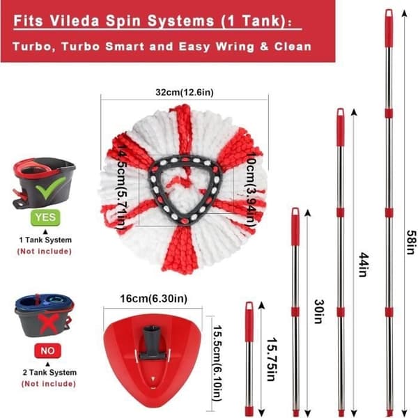 Moppehode for Vileda Erstatningsmopp, Mikrofibermopp Kompatibel med Vileda Turbo Mopp 2-i-1 Tanksystem.