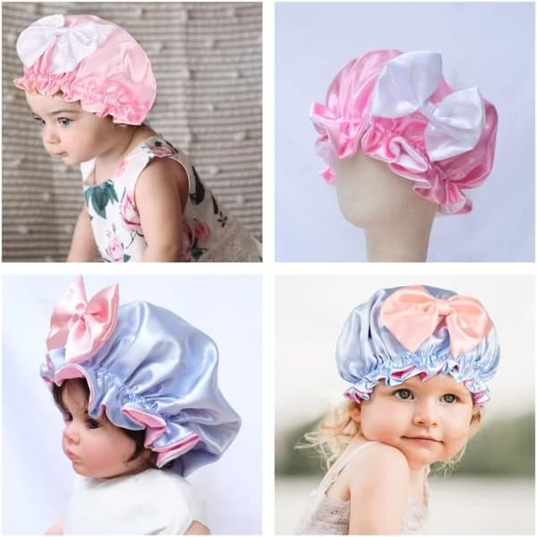 (Rosa, Blå) Satin Natthuva - Set om 2 - Elastisk - Allergivänlig - För Barn Pink, Blue
