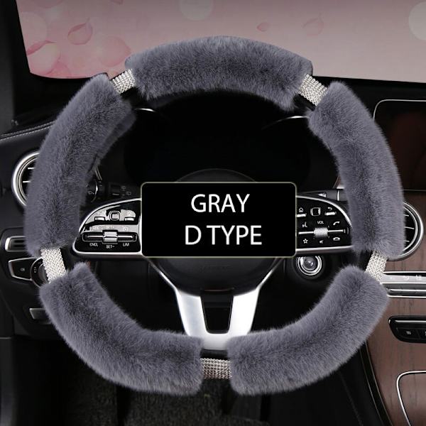 (grå-D-form)Karcle Fluffy Cover med Bling Rhinestones Diamantpäls Furry Car Styrskydd Universal 38cm För Kvinnor Tjej gray-D shape