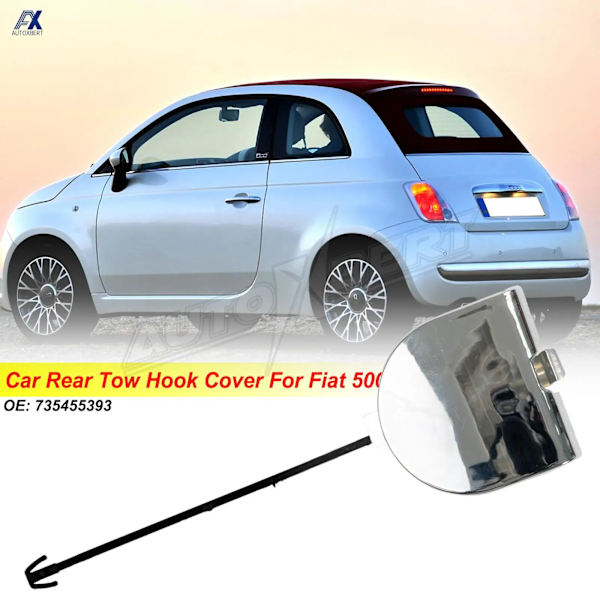 Dragstötfångarkrok för bil bak, cap, dragkraft, helkromad 735455393, Fiat 500, 2007-2015, dragsläp, cap
