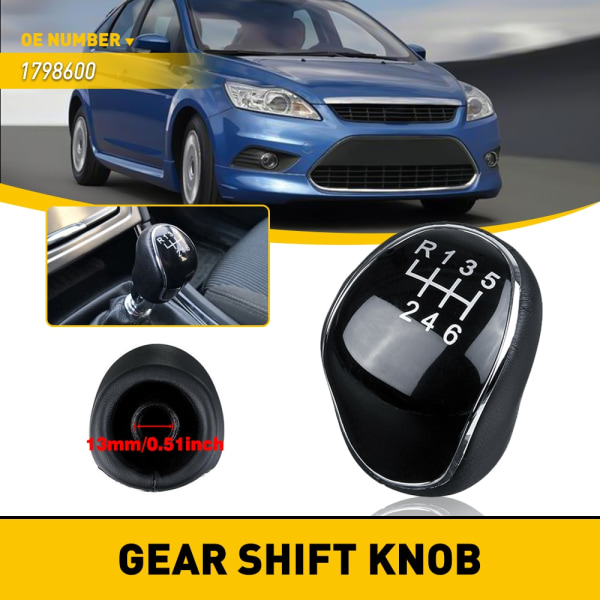 1st Växelspaksknopp svart läder för Ford C-Max Focus Mk2 Mk3 Grand C-Max Galaxy Kuga Transit Connect Custom S-Max Headball-