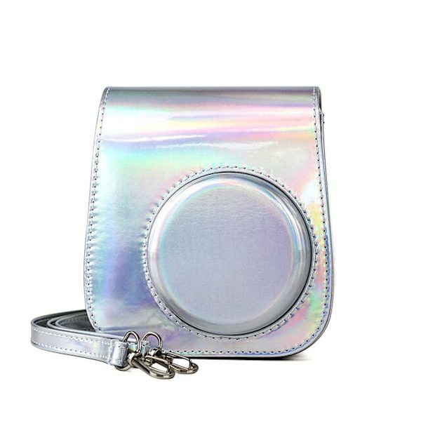 För Instax Mini 11 case PU-läder, mjuk cover för Fujifilm Polaroid-filmkameraväska med axelrem Silver