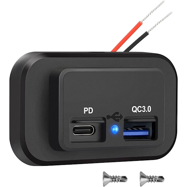 QC 3.0 12V-uttag Laddare PD Typ-C USB-laddare Vattentät Strömuttag Adapter Billaddare Adapter Black