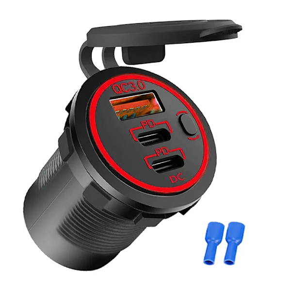 12V USB-uttag 58W Dubbel PD USB-C-port Snabbladdning 3.0 USB-laddare Uttag Vattentät Strömuttag med Strömbrytare för Bil Båt Red