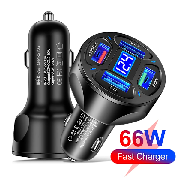 66W Billaddare LED Digital Display 4USB  Stöder Snabbladdning Multifunktionell Spänningsdetektering Auto Laddare Adapter white
