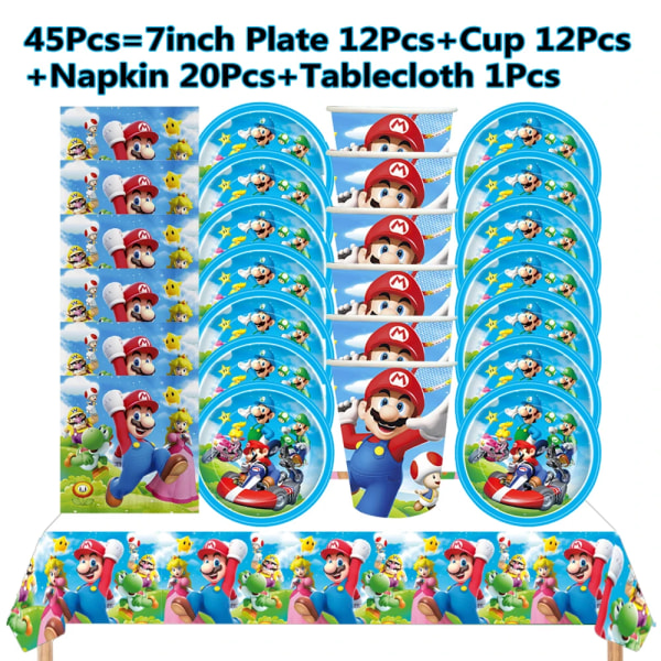 Marioed Super Bros Barnfödelsedagsfest Dekoration Festtillbehör Tillbehör Tallrik Kopp Servett Bordsduk Baby Shower Present Set 2-45Pcs