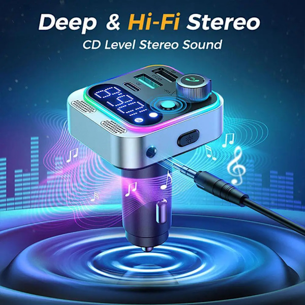 2023 Bluetooth 5.3 FM-sändare för bil, [dubbla mikrofoner, djup basljud], 48 W PD & QC3.0 billaddare Bluetooth-adapter O1b4 A