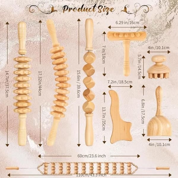 8 Trä Terapi Massage Roller för Kroppsskulptering, Lymfdränage, Muskelvärk Lindring