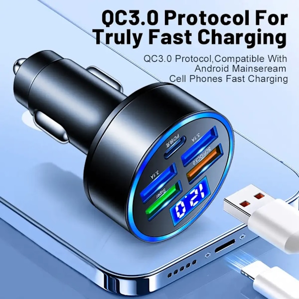 250W 4-portars USB-billaddare för bil Typ C PD QC3.0 Snabbladdningsadapter LED-display för Huawei Xiaomi iPhone 14 13 12 11 Pro Max 5 in 1 250W PD