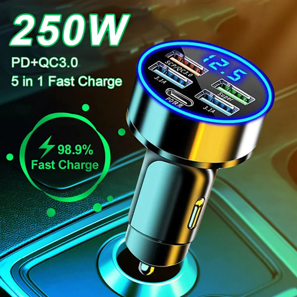 250W 4-portars USB-billaddare för bil Typ C PD QC3.0 Snabbladdningsadapter LED-display för Huawei Xiaomi iPhone 14 13 12 11 Pro Max 5 in 1 3.1A