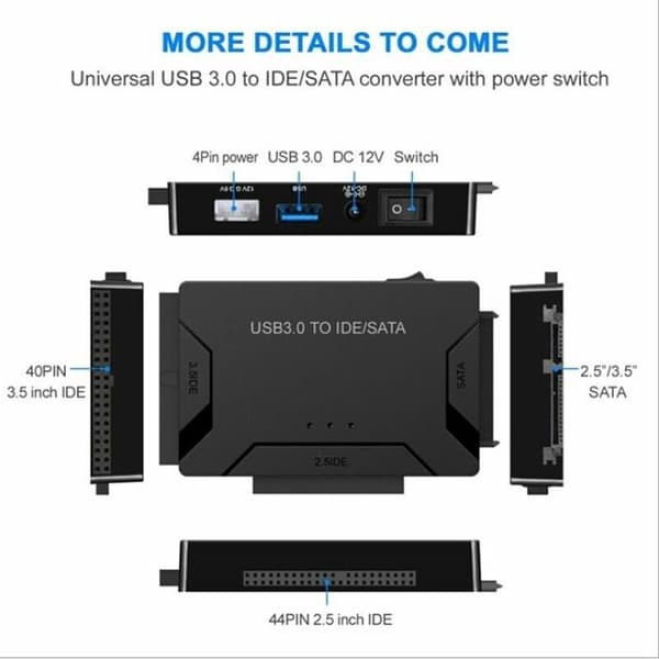 USB 3.0 til IDE SATA harddiskadapter for 2,5\" 3,5\" IDE SATA SSD HDD med ekstern strømadapter Black