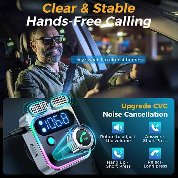 2023 Bluetooth 5.3 FM-sändare för bil, [dubbla mikrofoner, djup basljud], 48 W PD & QC3.0 billaddare Bluetooth-adapter O1b4 A