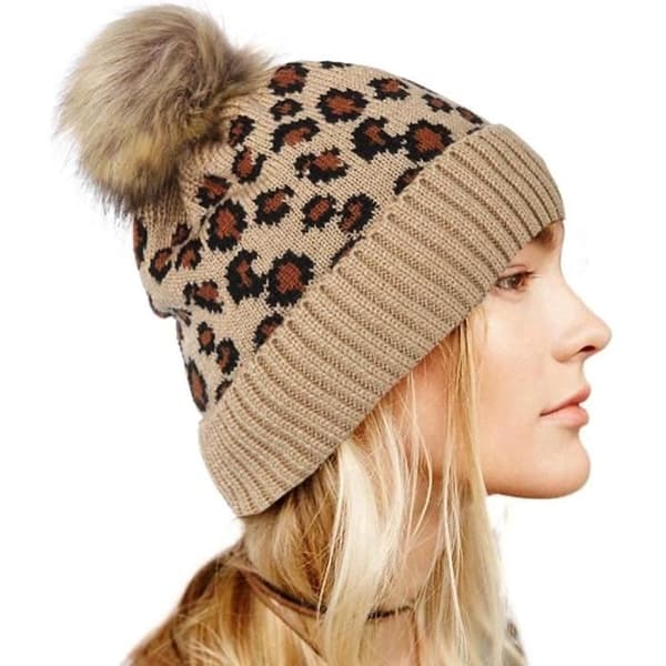 Pompom-mössa för dam - Leopardtryck - Varm stickad ull - Skidaccessoar - Akrylfiber Brown