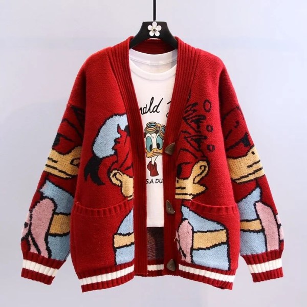 Disney 2022 höst och vinter Ny lat stil Lös matchande tjock stickad kofta luvtröja Japansk tecknad tröja jacka dam Red S