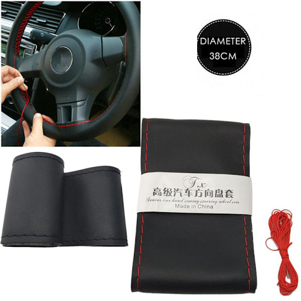 (Svart Blå) Cover för bil Andas Anti-Slip PU-läder Styrskydd Lämplig 37-38 cm Auto Rattskydd Black Blue