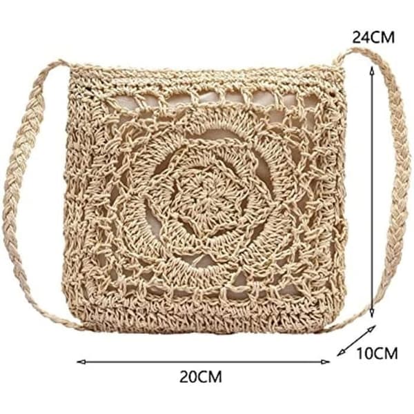 Beige Väskor i Halm för Kvinnor, Sommar Strandväskor i Halm med Tofs Mini Handväskor i Halm med Dragkedja beige