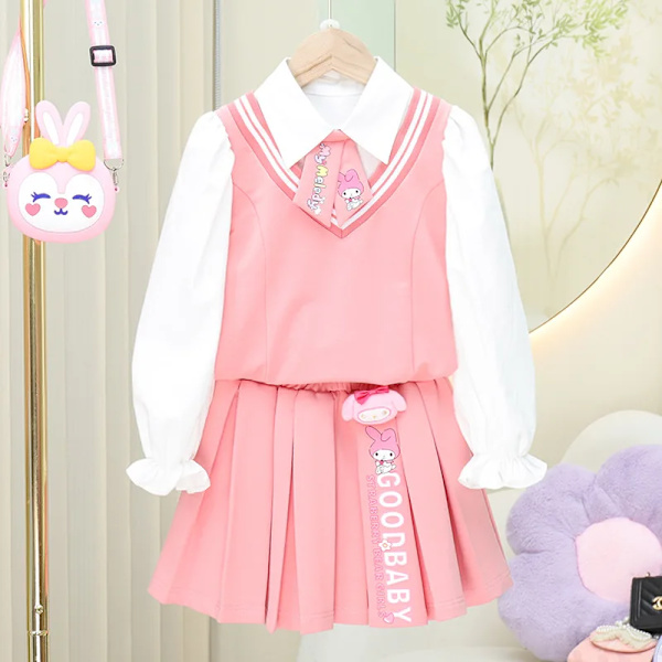 Anime Sanrios My Melody Kuromi Kawaii Autumn Winter Girl Tredelad Barnkostym Jk Plisserad kjol Skjorta Jacket Set Toddler My Melody 2PCS 3 140cm