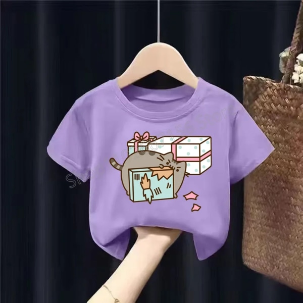 Lila Pusheen Tonåringar T-shirts Tecknad Anime Figurer Feta katter Kortärmade T-shirts Rundhalsad Toppar Boutique Pojkar Flickor Kläder PJM 59 120