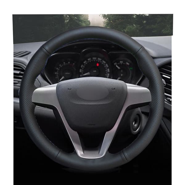 (grå tråd) Håndsyet sort PU kunstlæder ratdæksel til Lada Vesta 2015 2016 2017 2018 2019 2020 Xray 2015-2020 grey thread