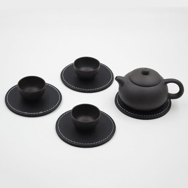 Sæt med 6 sorte læder coasters med drikkeholder, bordbeskyttere