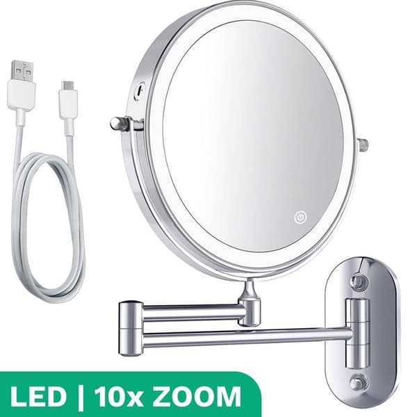 (Krom) Väggmonterad sminkspegel med LED-ljus - 10x förstoring - Badrum - Grå Chromium